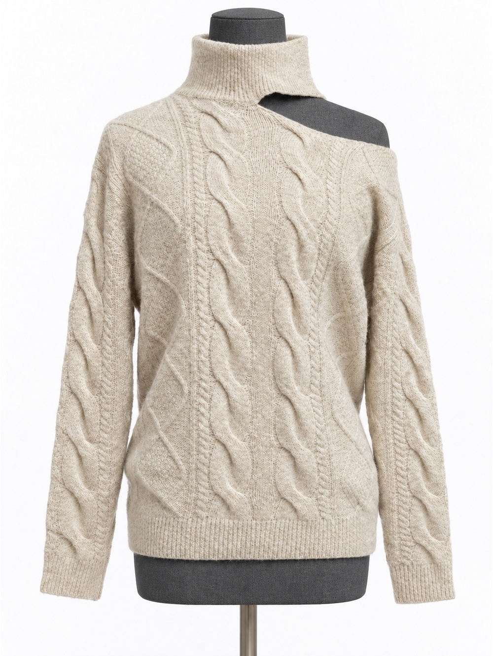 NEW BiBi Oatmeal Cable-Knit Shoulder Cutout Sweater